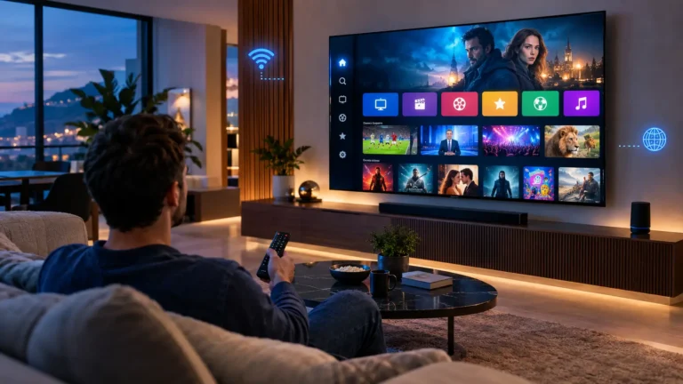 Man choosing an IPTV subscription on a Smart TV in Ireland