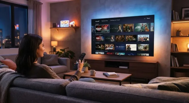 Woman browsing IPTV channels on a Smart TV in an Irish living room