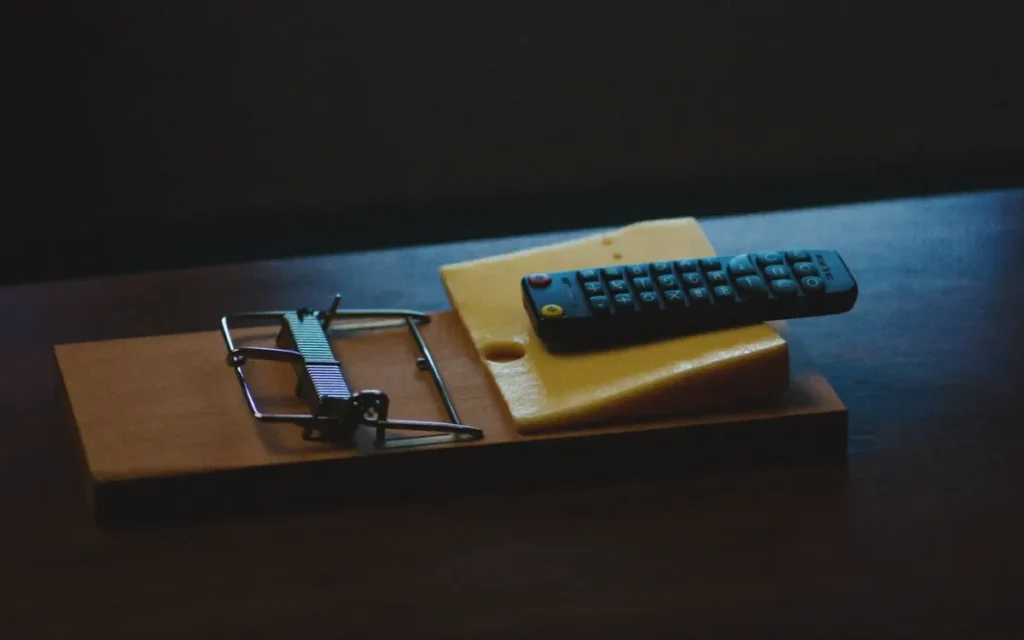 TV remote beside a mousetrap illustrating free IPTV scams in Ireland