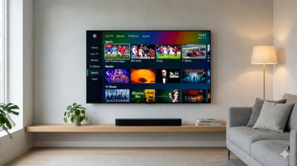 IPTV Smarters Pro displayed on a Samsung Smart TV in a modern living room